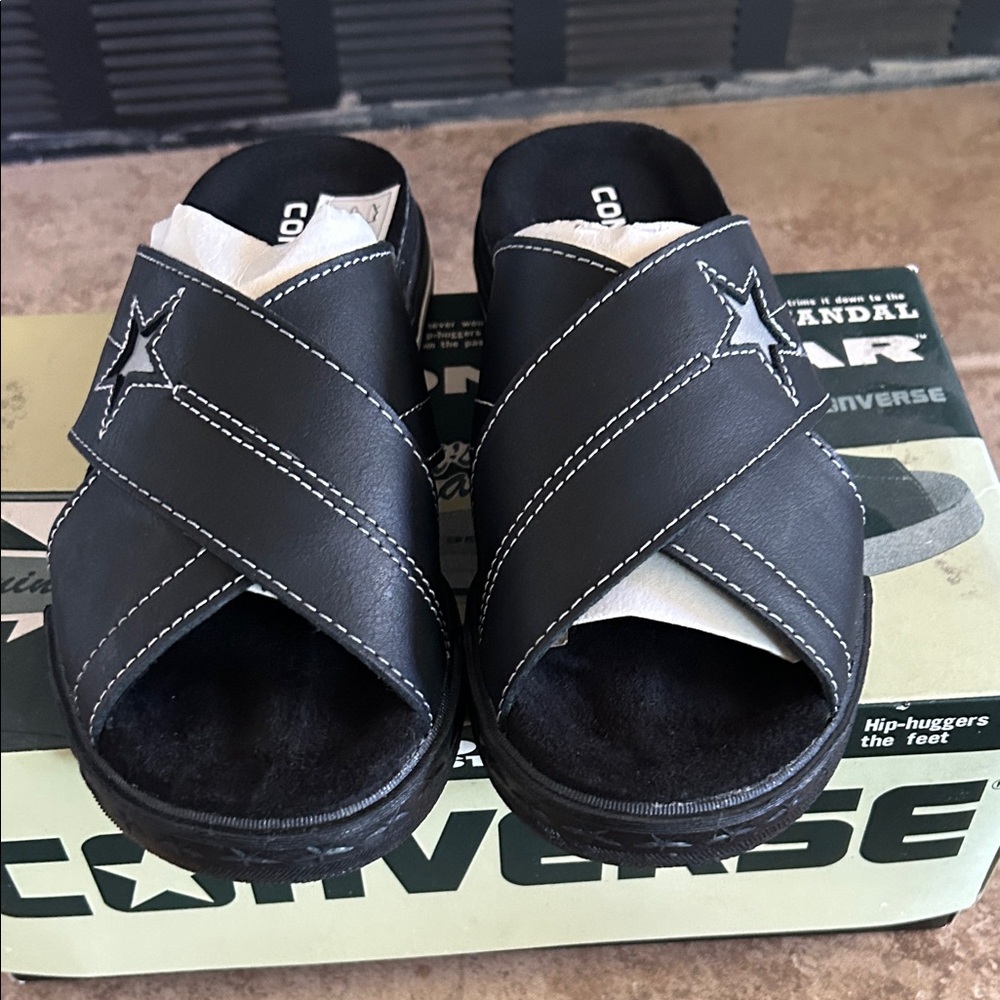 Converse Black Crisscross Slide Sandals with White Stitching